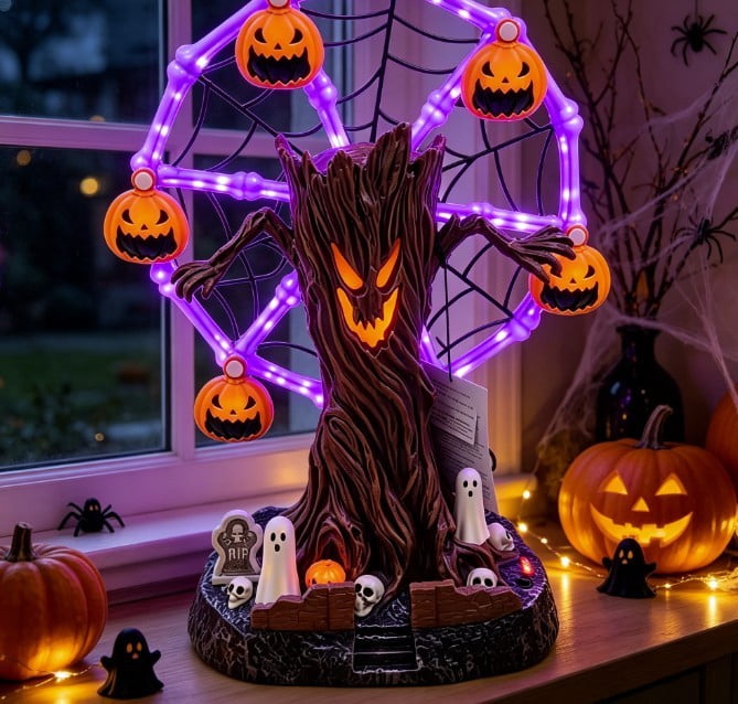 Hanging Solar Lights, Garden, Animated Halloween Ferris Wheel Tabletop Decor with Purple LED, Moving Skeleton Cauldrons, Spooky Tree Centerpiece for Party