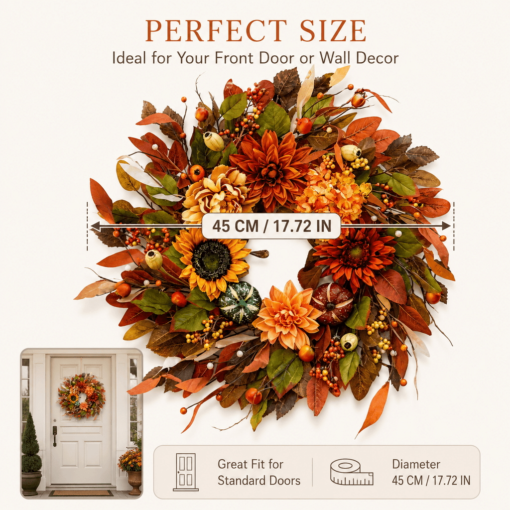 Clearance Fall Sunflower Pumpkin Wreath, 17.72 Inch Artificial Autumn Berry Door Wreath, Thanksgiving Halloween Hanging Decor for Front Porch Wall Door