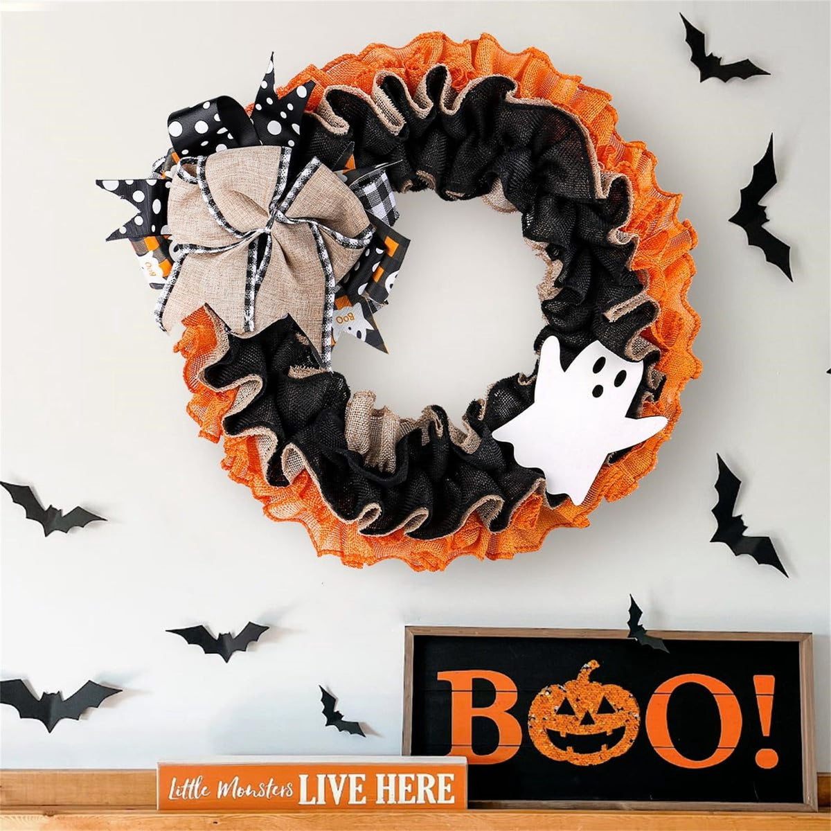 Halloween Ghost Burlap Wreath, Buffalo Plaid Ribbon Front Door Wreath, Spooky Ghost Hanging Garland for Home Porch Wall Fall Halloween Decor 38cm