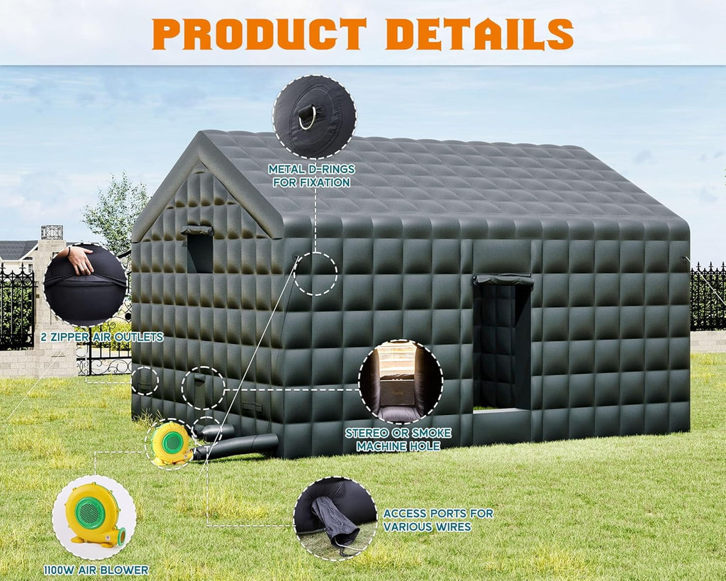 LUXOAK 20x16x14 ft Large Black Inflatable Night Club Tent for Adults with 2 Side Doors, Inflatable Nightclub with Logo Area Gazebo Event House for Wedding Birthday Backyard Party