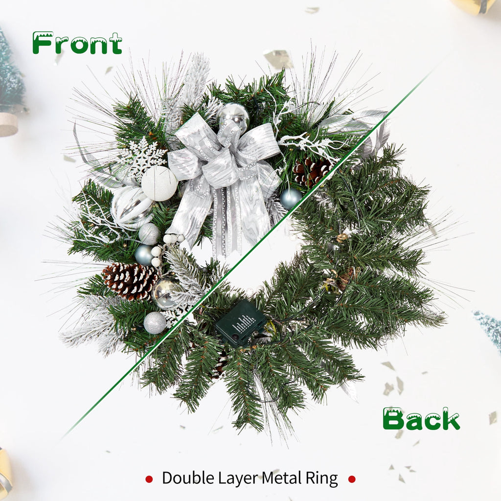 JoanKaren 24 inch Large Christmas Wreath Silver White with 20 LED Lights,Prelit Xmas Wreath w/ Ball Ornaments Pine Cone