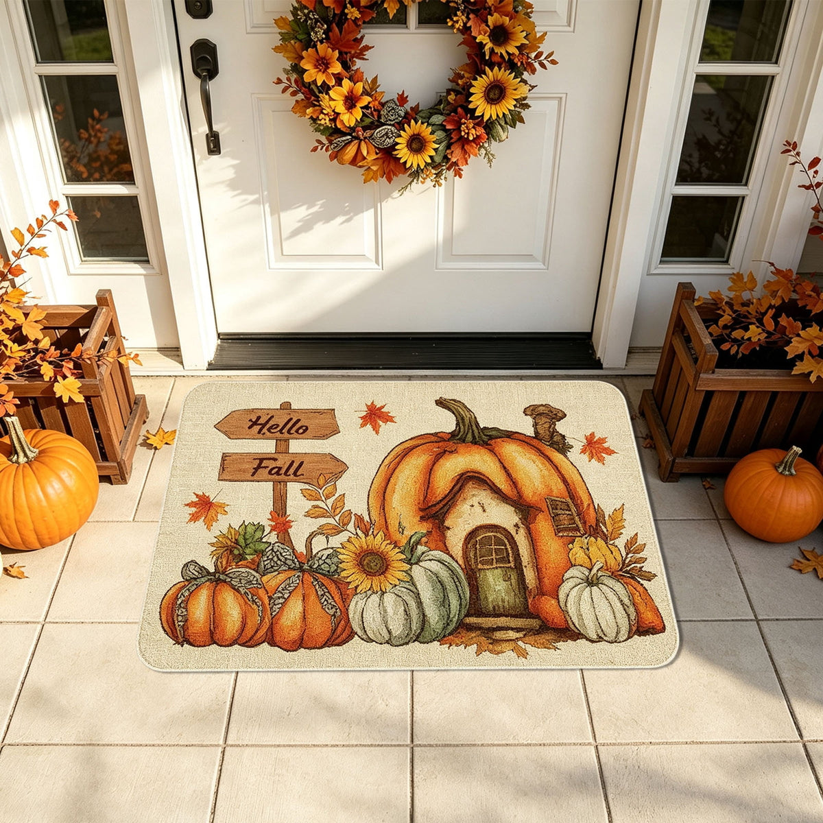 Yhmxh Fall Pumpkin Decorative Door Mat, Autumn Harvest Welcome Entryway Rug, Non‑Slip Absorbent Front Doormat, Seasonal Floor Mat for Indoor Outdoor Halloween Home Decoration 15.7x23.6 Inch