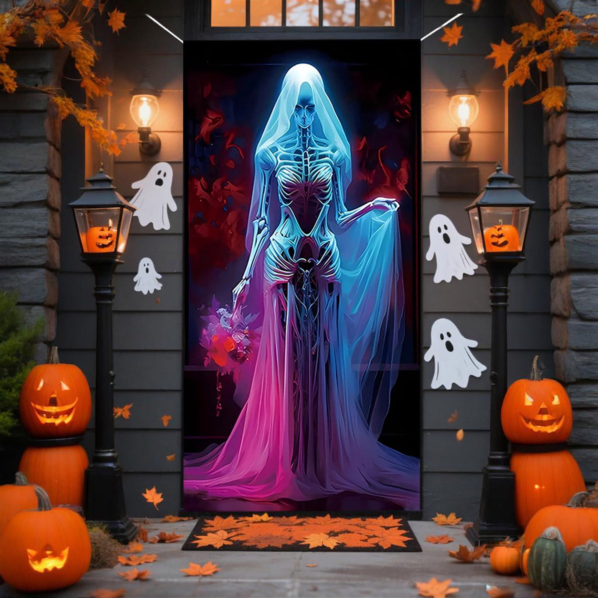Taicans Spooky Skeleton Bride Halloween Door Cover Decor,Scary Halloween Front Door Banner Covering Decorations,Horror maze Decor,Halloween Decorations for Front Door,Haunted Mansion Decor,71x35in
