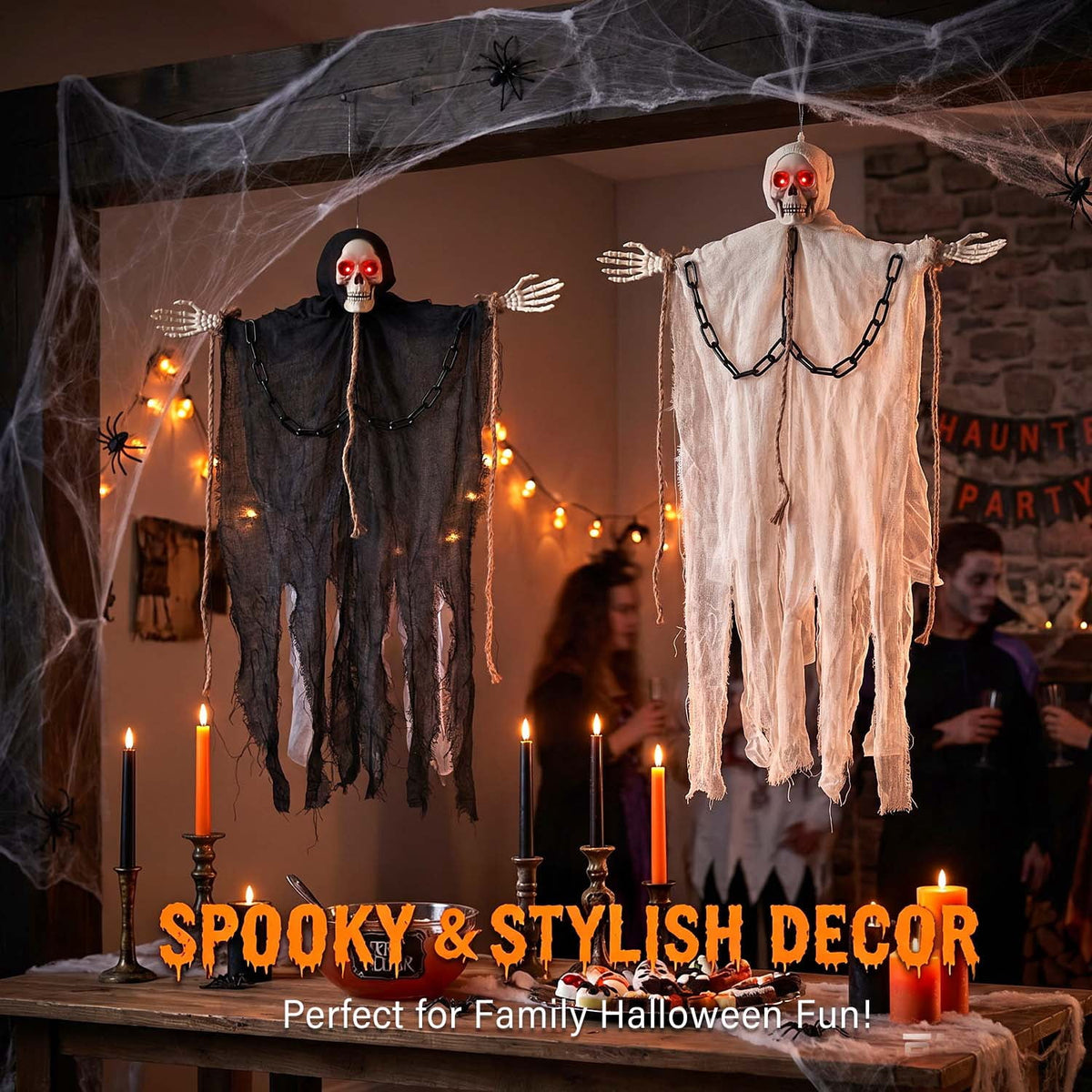 Ayieyill 2Pcs Hanging Ghost Skeleton Decorations, Spooky Halloween Decor for Outdoor Yard Haunted House Party