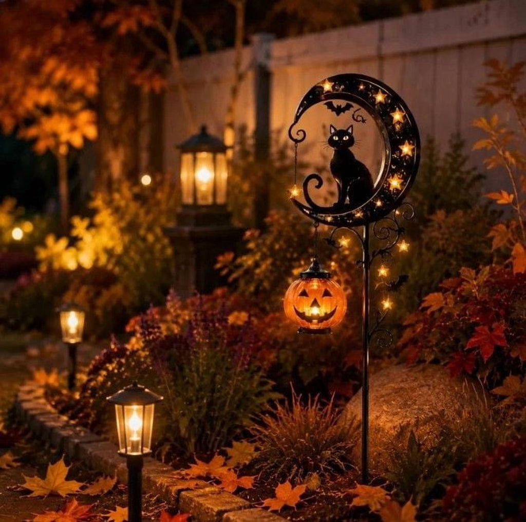 Solar Halloween Metal Moon Black Cat Garden Stake with LED Pumpkin Lantern, Light Up Star Bat Yard Decor Stake, Spooky Outdoor Lawn Pathway Halloween Decoration