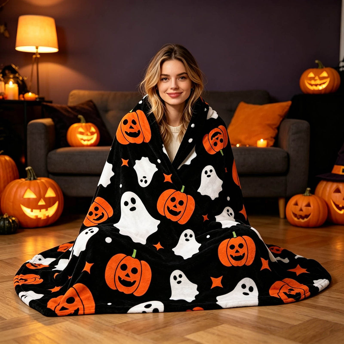 Halloween blanket,Halloween Print Throw Blanket Flannel Soft Cozy Decorative Nap Blanket with Ghost Pumpkin Skull for Office Bedroom Sofa Camping Travel(100x150cm/39x59 Inch),Black
