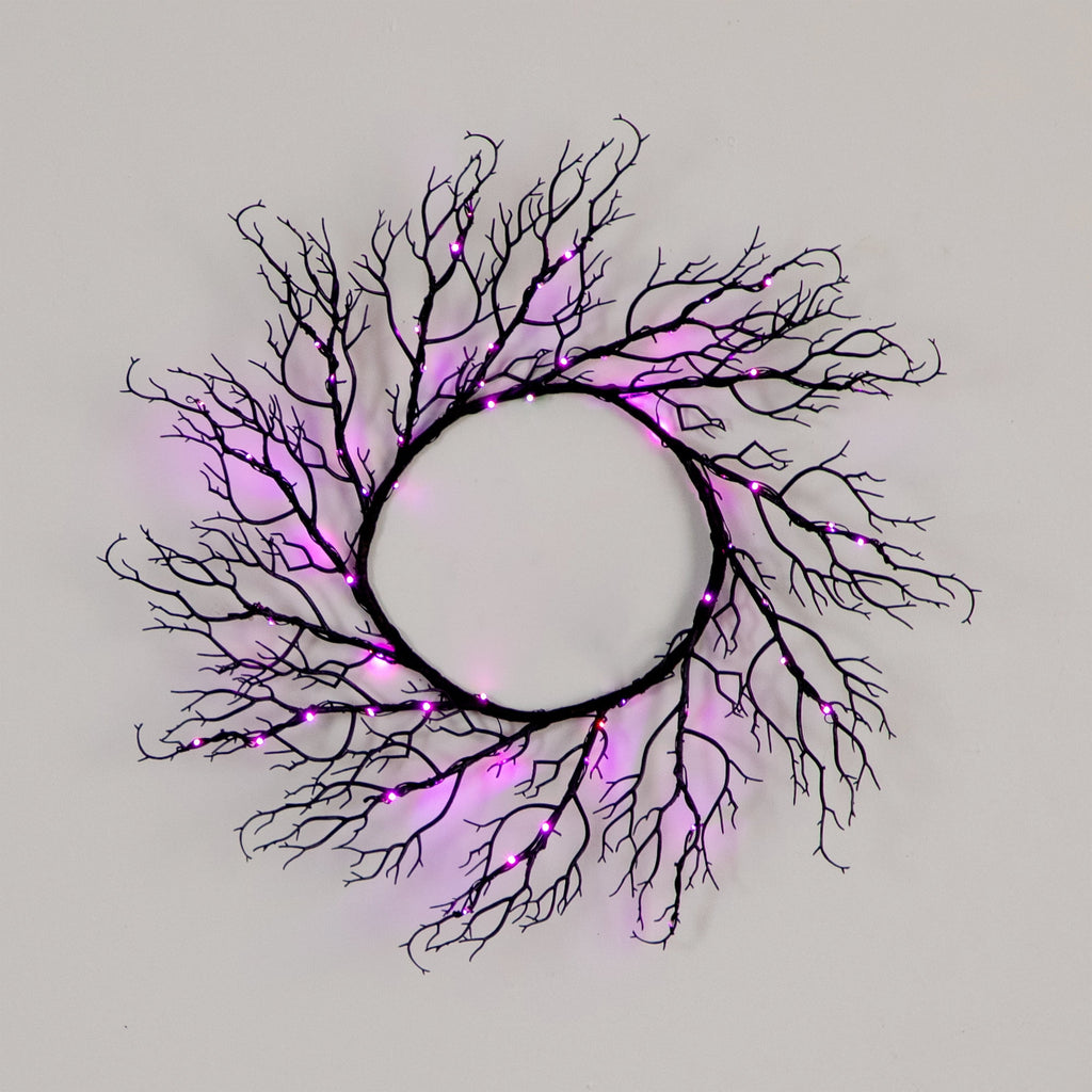 Nearly Natural 23in. Pre-Lit Halloween Black Fall Wreath with 60 Orange and Purple LED Lights