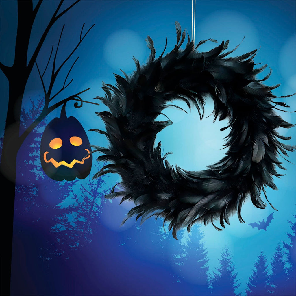 2 Pack Black Feather Wreath Halloween Wreath 13.78" Black Natural Cocktail Feather Wreath, Halloween Photo Props, Front Door Decor Witch Spooky Scene Halloween Party Decorations