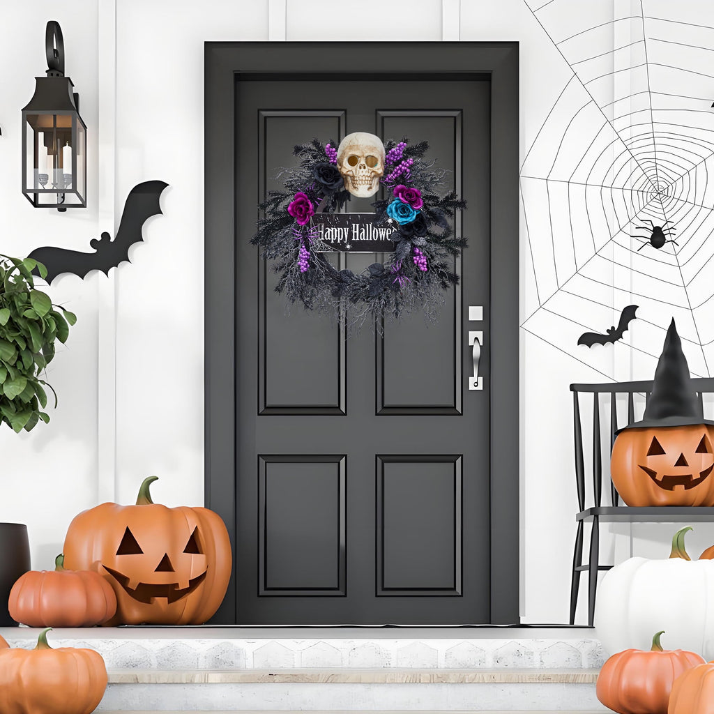 Festisoul 20'' Halloween Wreath for Front Door, Halloween Owl Wreath with Natural Vines and Artificial Roses, Spooky Halloween Props Decoration for Fireplace