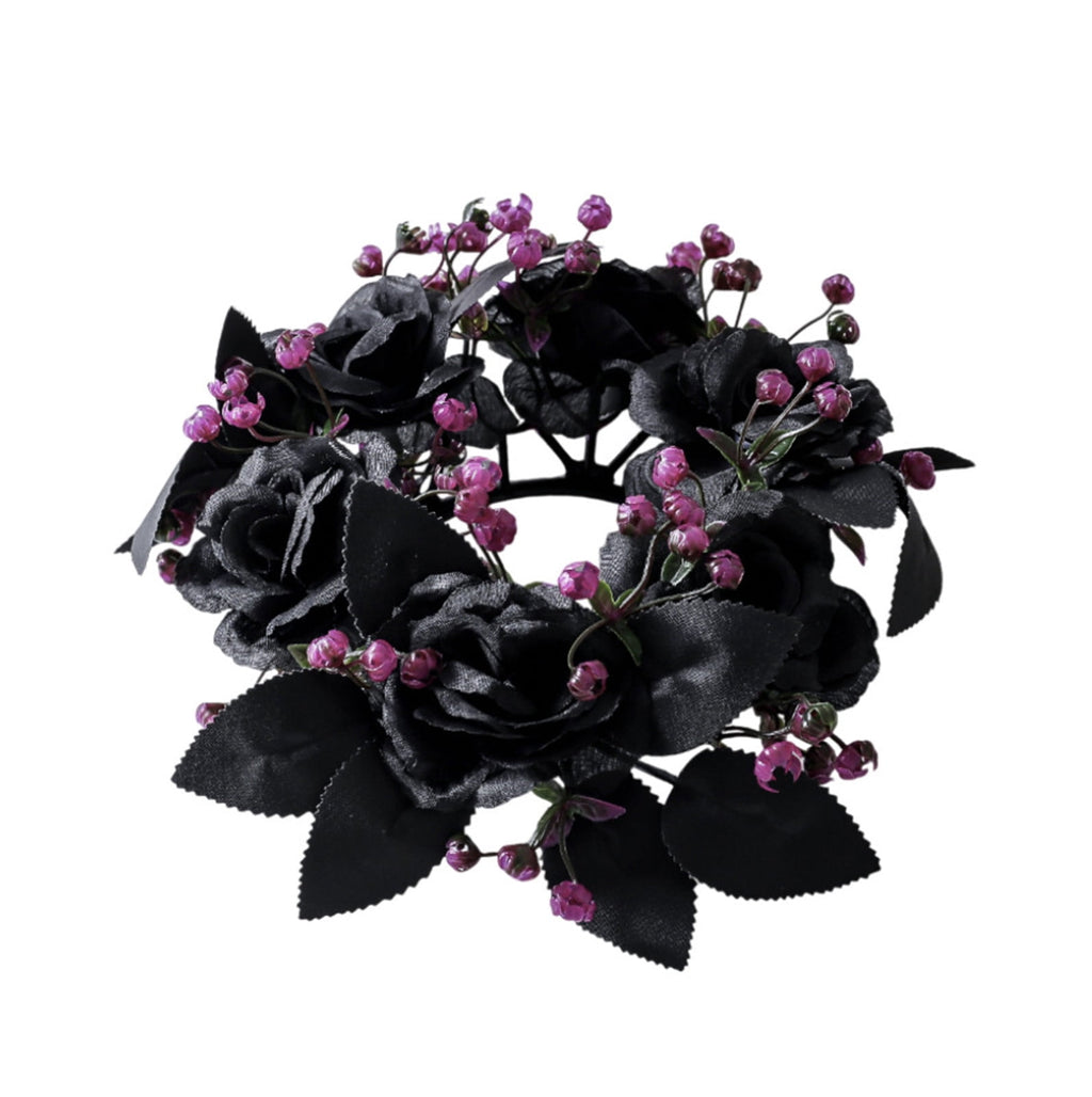 HHBEAUTY Artificial Purple Rose Halloween Candle Rings Wreaths 9.8 Inch Gothic Floral Eucalyptus Leaves Candle Ring Holder Halloween Wedding Party Centerpiece Table Decorations Home Decor