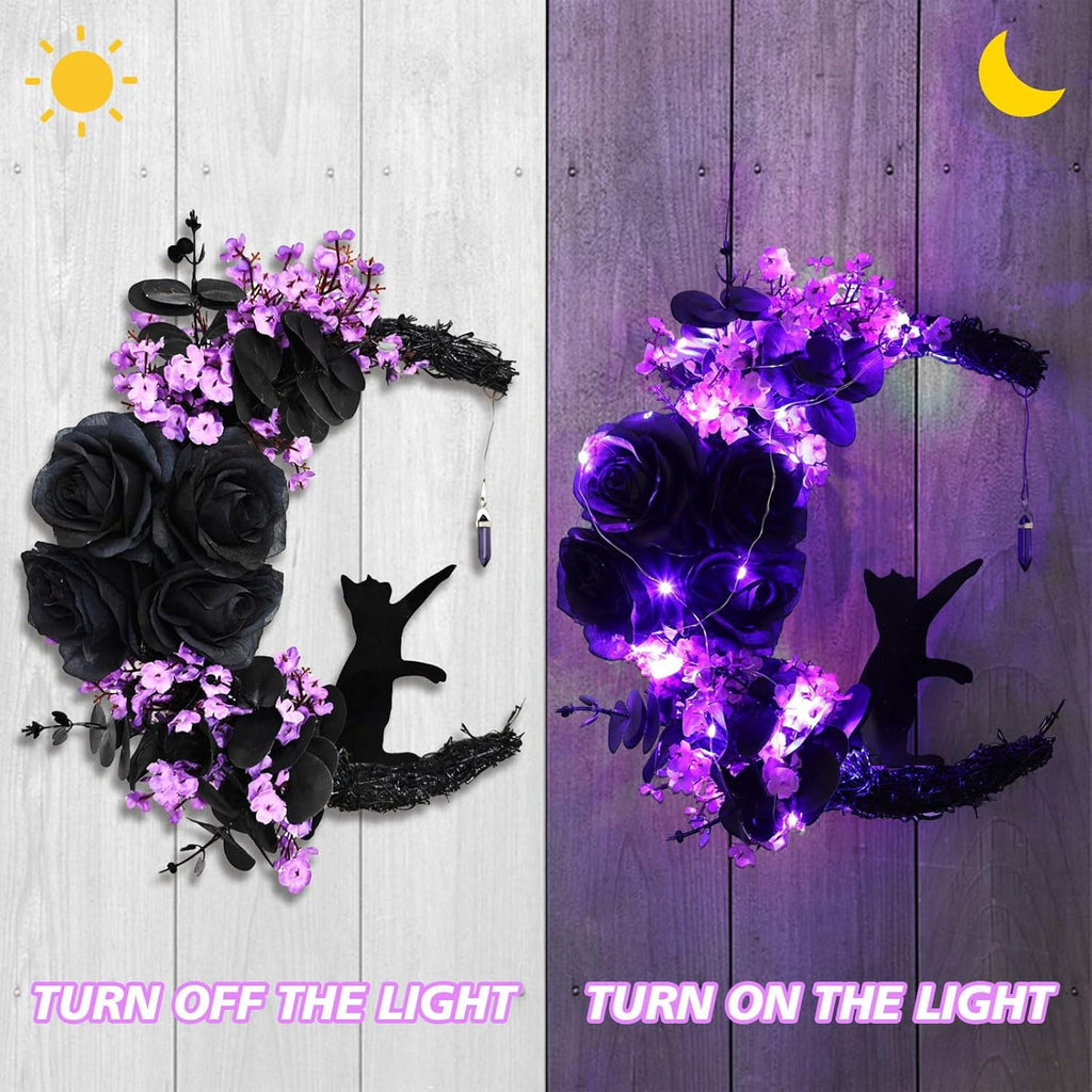 Halloween Moon Wreaths for Front Door, Black Cat on Moon Wreath Halloween Decor, Spooky Halloween Decorations Crescent Moon Wreath for Home Party Window Wall Indoor Outdoor