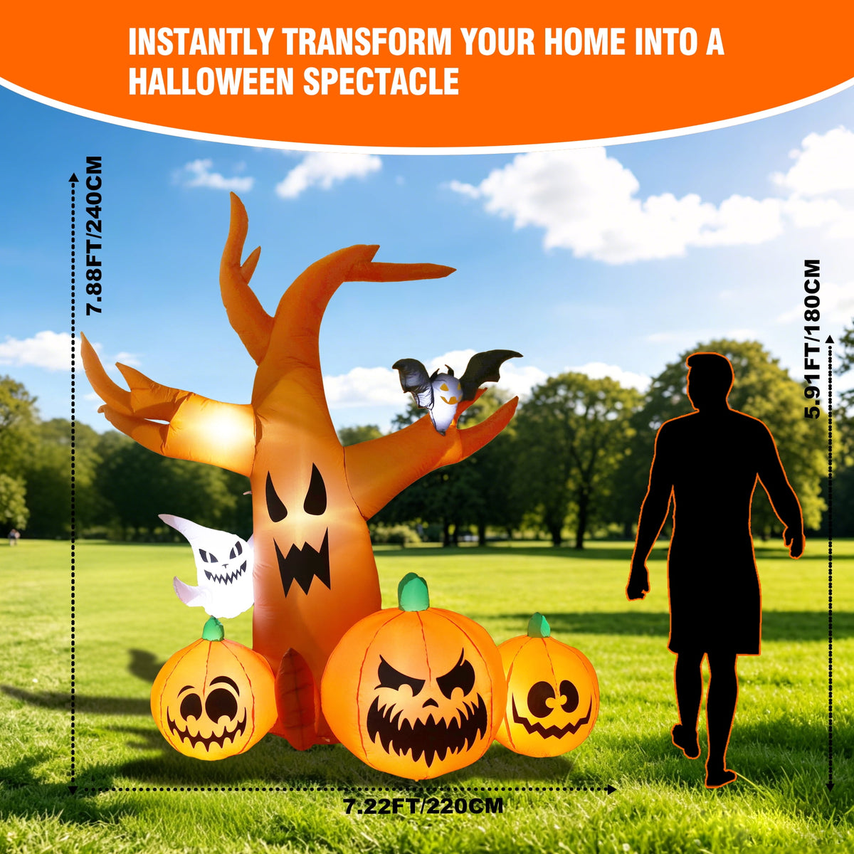 MAGOTAN 8 ft Halloween Inflatable Pumpkin Halloween Inflatable Pumpkins Ghost Tombstone Outdoor Yard Decoration Build-in 7 LED White Lights