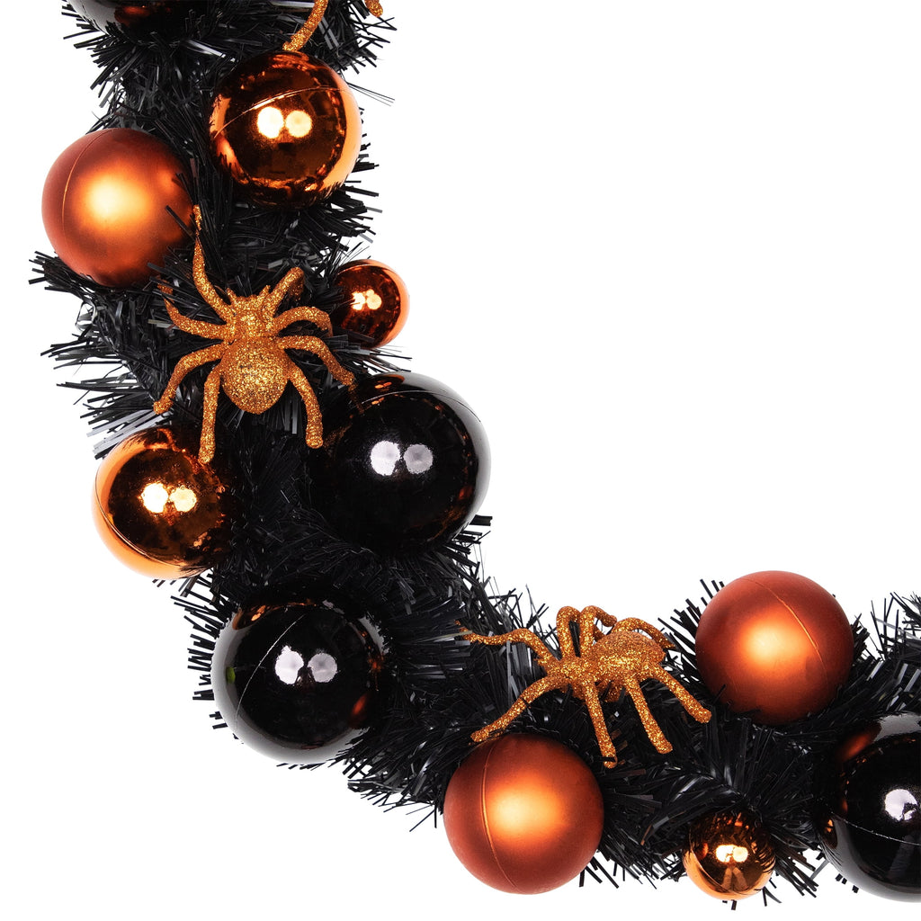 Northlight Spiders and Ornaments Small Tinsel Halloween Wreath - 18" - Orange and Black - Unlit