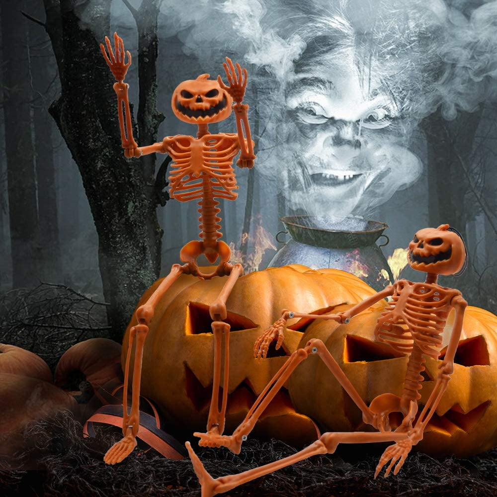 TETOU Halloween Pumpkin Skeleton Decorations with Posable Joints Skeletons for Party Haunted House Props Decorations, 2 Packs