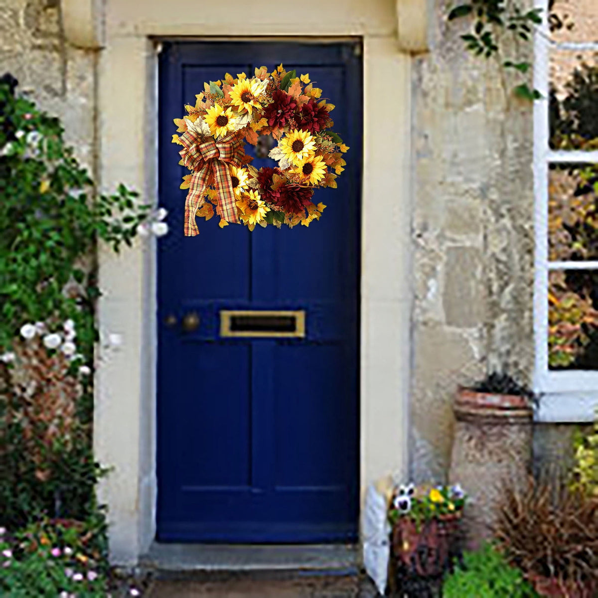 Autumn Wreath 14 Inch Fall Decor for Home Front Door with Artificial Maple Leaf Pumpkin Berry Pinecone Harvest Thanksgiving Halloween Farmhouse Seasonal Decorations Indoor Outdoor,