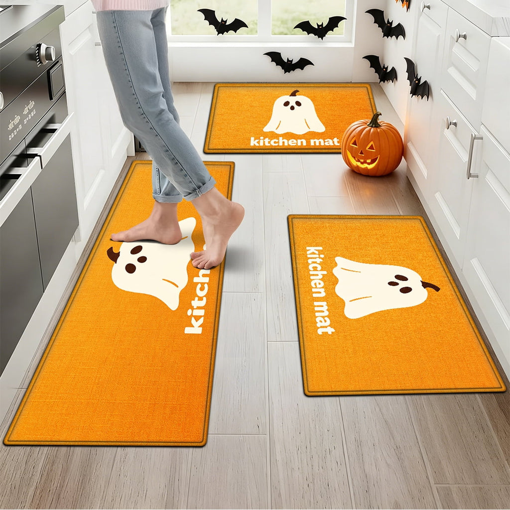 YIMEIS Halloween Orange Ghost Pumpkin Black Cat 1Pc Flannel Mat & Kitchen Rugs,Soft Non-slip,16''×24'' Inches,for Entryway Bathroom