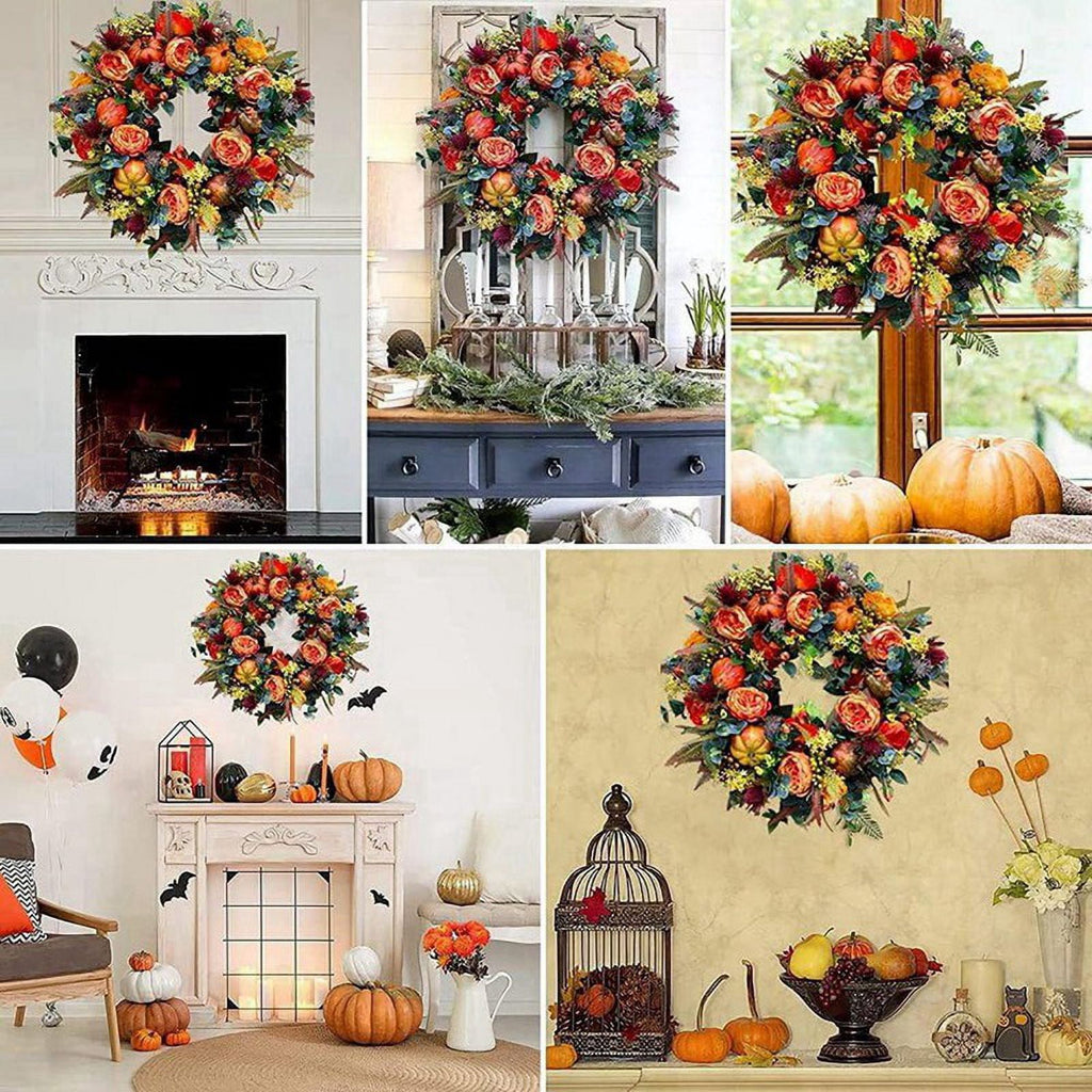 17.7-Inch Autumn Wreath Fall Wreaths for Front Door Outside,with Pumpkin Berries Suitable for Halloween Thanksgiving
