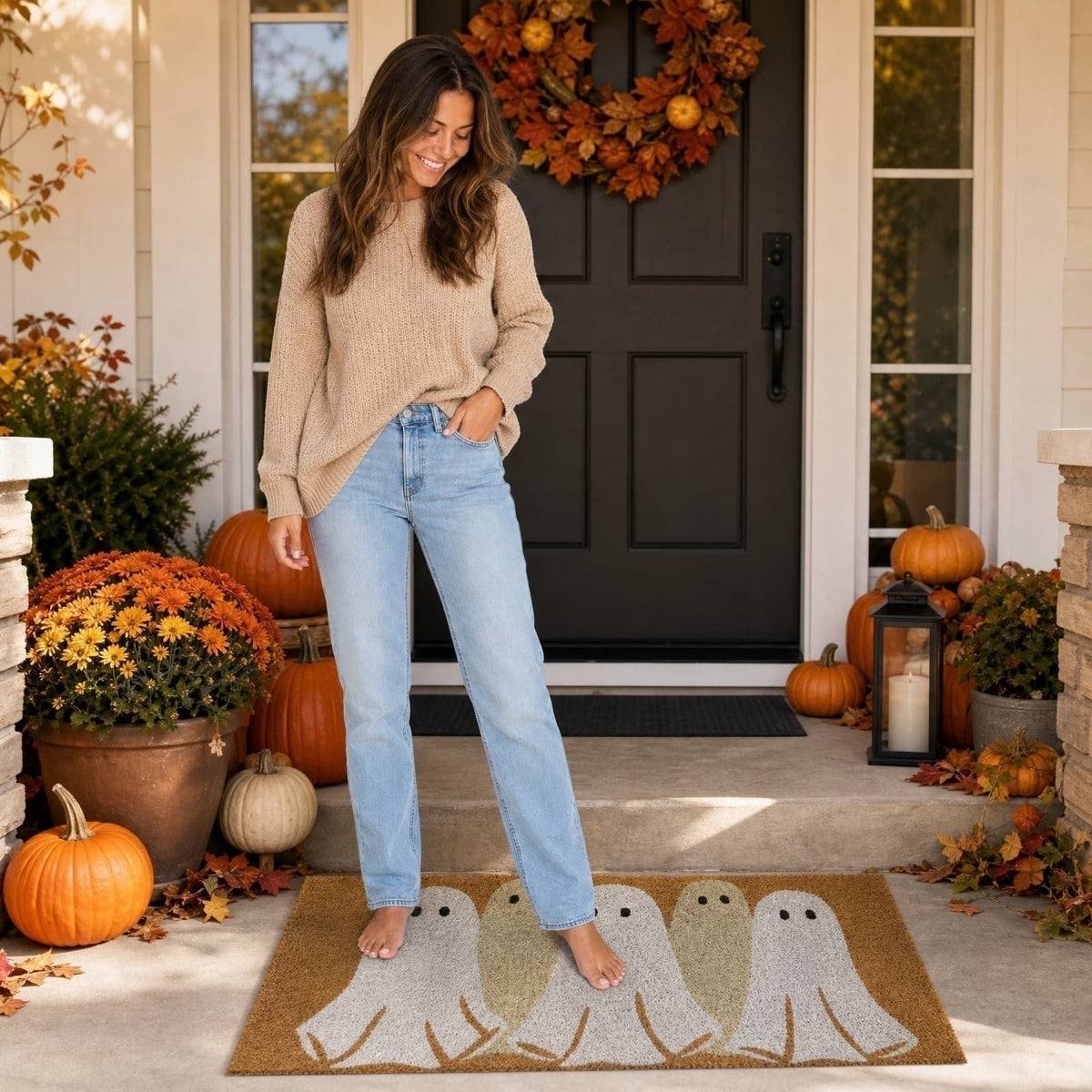 Cute Ghost Family Halloween Doormat - Spooky Fall Welcome Mat with Five Playful Ghosts for Front Porch Entryway Indoor Outdoor Decor