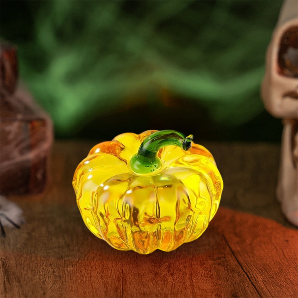 Fall Decor Mini Blue Hand Blown Glass Pumpkin Figurine Transparent Crystal Pumpkin with Green Stem Art Glass Fruit Tabletop Decor for Home Office Shelf Thanksgiving Halloween Gift
