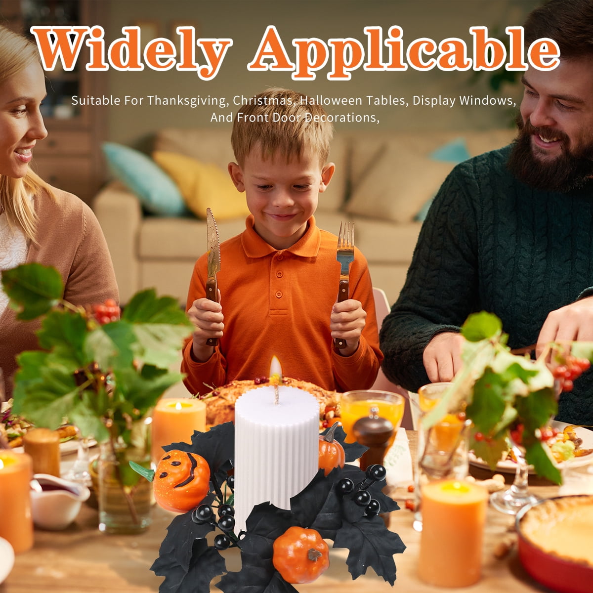 Halloween Candle Ring Wreath Halloween Table Centerpiece Black Orange Spooky Table Top Decoration Small Taper/Pillar Candle Rings Center for Party Favors 4 Pcs Design1