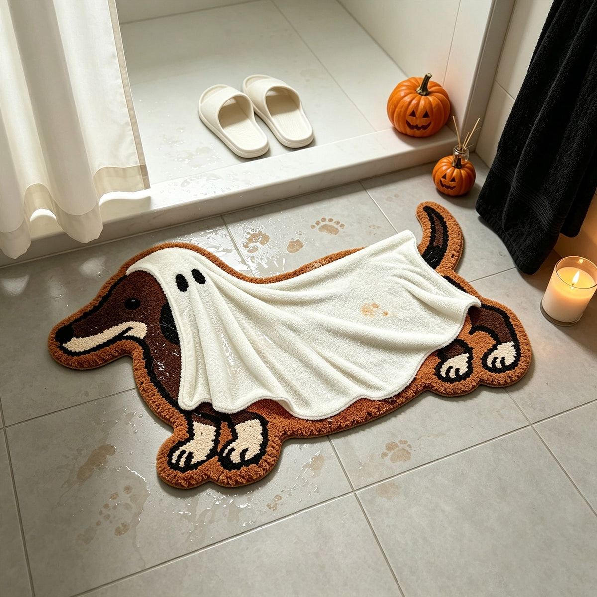 MMJ Halloween Doormat Dachshund Ghost Shape Soft Faux Non Slip Floor Mat for Entryway Bathroom Home 23.62x15.75in