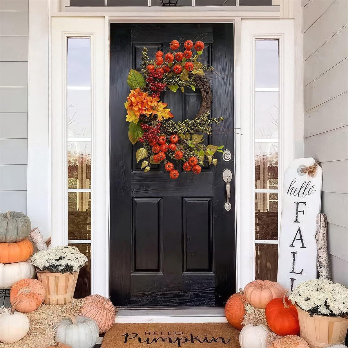 Autumn Wreath 14 Inch Fall Decor for Home Front Door with Artificial Maple Leaf Pumpkin Berry Pinecone Harvest Thanksgiving Halloween Farmhouse Seasonal Decorations Indoor Outdoor,