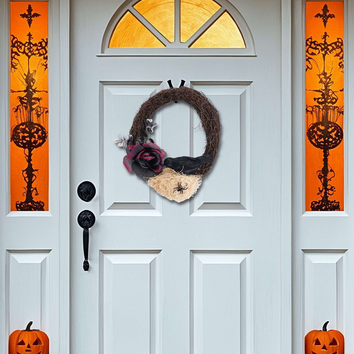 Spencer Halloween Wreath for Front Door, 10 Inch Halloween Garland with Black Rose, Crow, Spider and Twig Branch for Home Porch Window Wall Decor