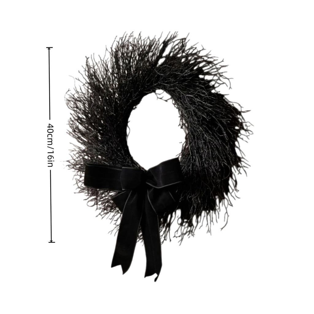 Black Halloween Wreath for Front Door, 16 Inch Twig Wreath with Velvet Bow, Gothic Fall Farmhouse Decorative Wreath for Porch Mantel Entryway Home Decor