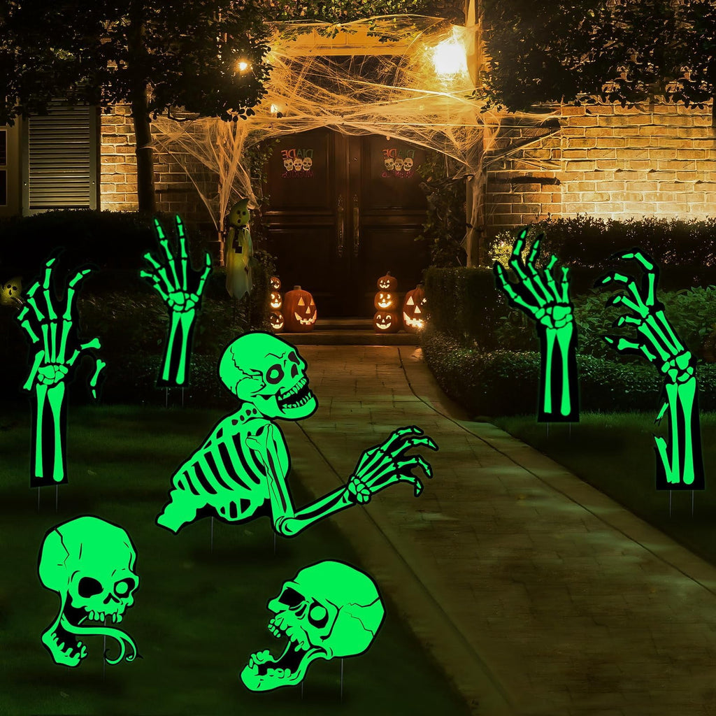 GuassLee 5pcs Glow in the Dark Skeleton Black Cat Silhouette Lawn Signs with Stakes for Halloween Lawn Garden Front Yard Decorations Outside