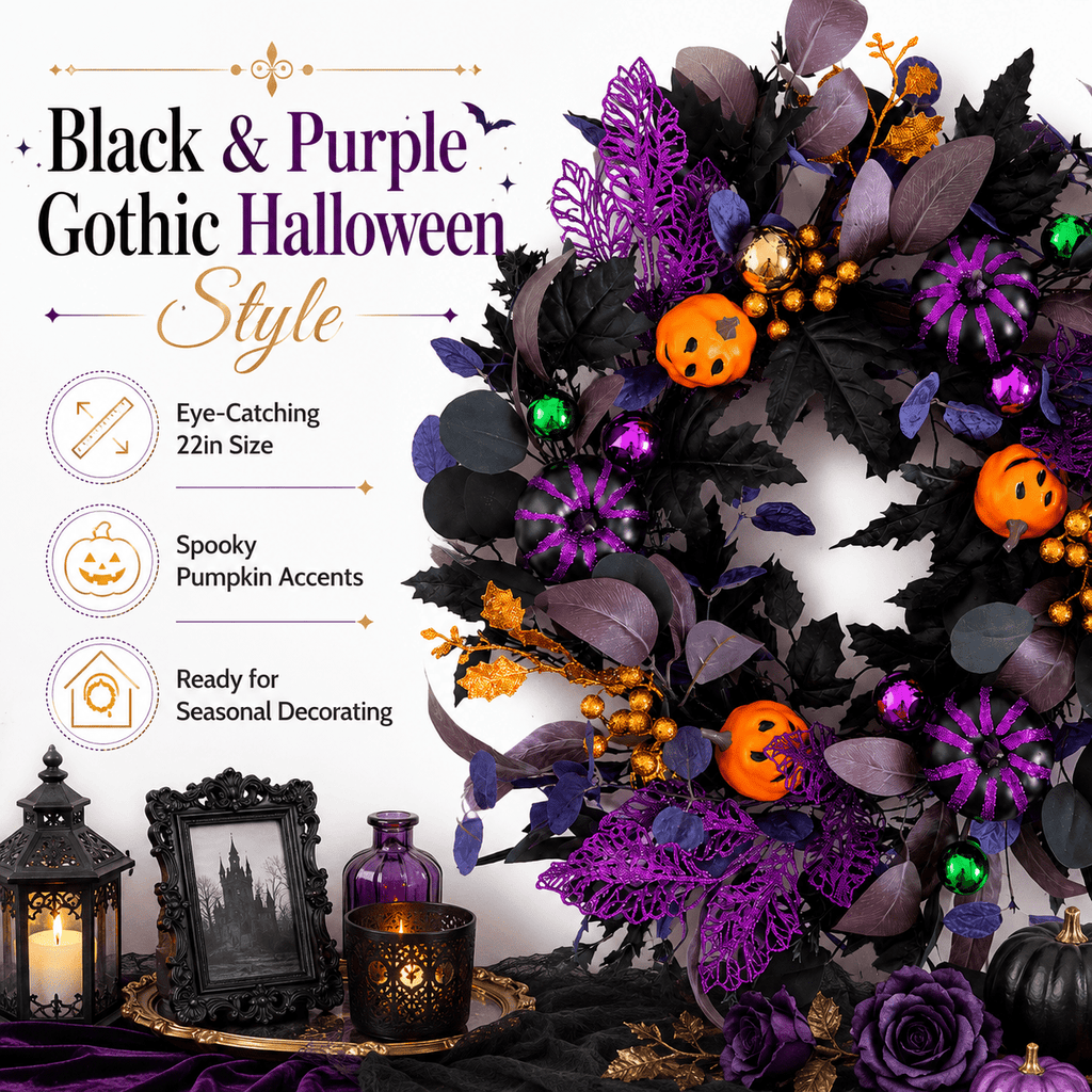 SLUMLOVE 22 in Lighted Halloween Wreath, Black and Purple Pumpkin Door Decor for Front Door, Porch, Wall, Indoor and Covered Outdoor