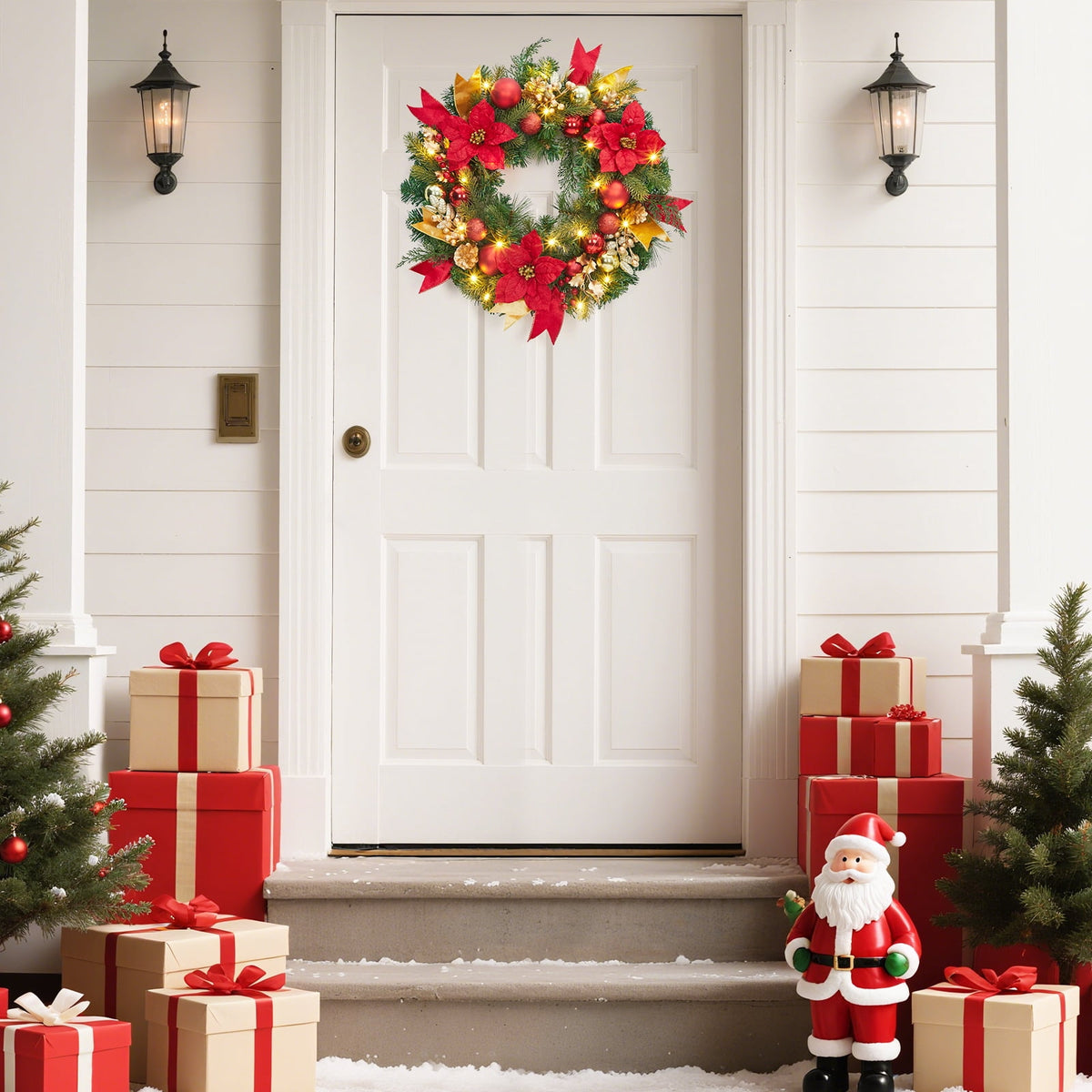 JoanKaren 24 inch Large Christmas Wreath Silver White with 20 LED Lights,Prelit Xmas Wreath w/ Ball Ornaments Pine Cone
