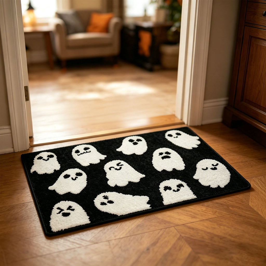 Halloween Heart Print Doormat 60x40cm, Black Orange Spooky Entry Mat for Front Door, Non-Slip Indoor Outdoor Rug