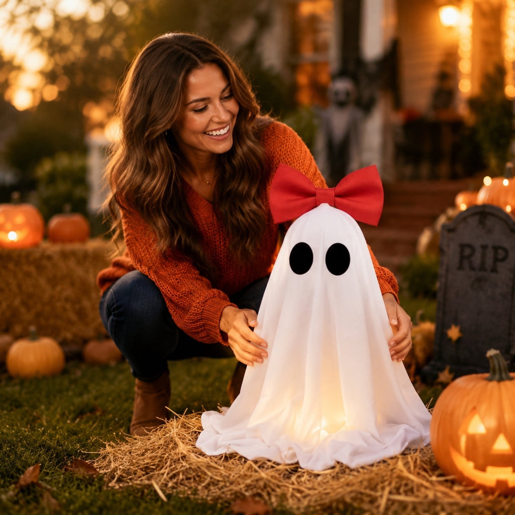 Clearance! Halloween Yard Decorations Light Up Ghost with Bow for Outdoor Front Porch Patio Lawn Garden Entryway Scary House Display Spooky Holiday Party Prop Home Decor