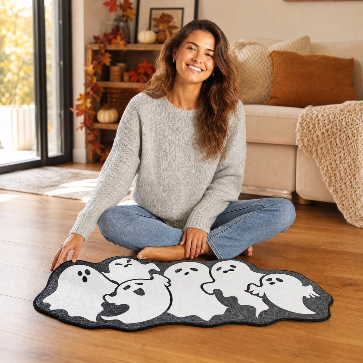 Lypsnake Patchwork Ghost Shaped Doormat,Vintage Stitched Fluffy Fabric Ghost Mat, Halloween Floor Carpet for Front Door Entrance Shower Room Fireplace Farmhouse Layout