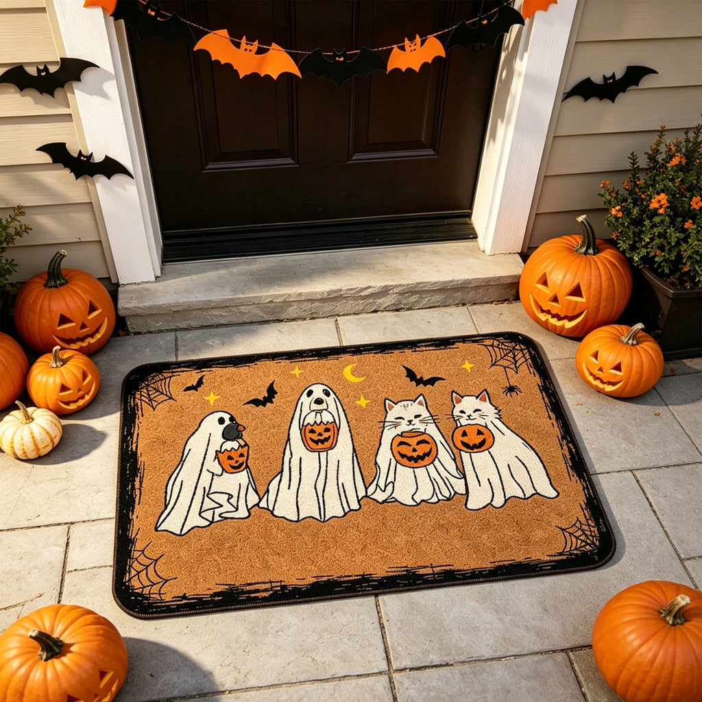 Halloween Heart Print Doormat 60x40cm, Black Orange Spooky Entry Mat for Front Door, Non-Slip Indoor Outdoor Rug