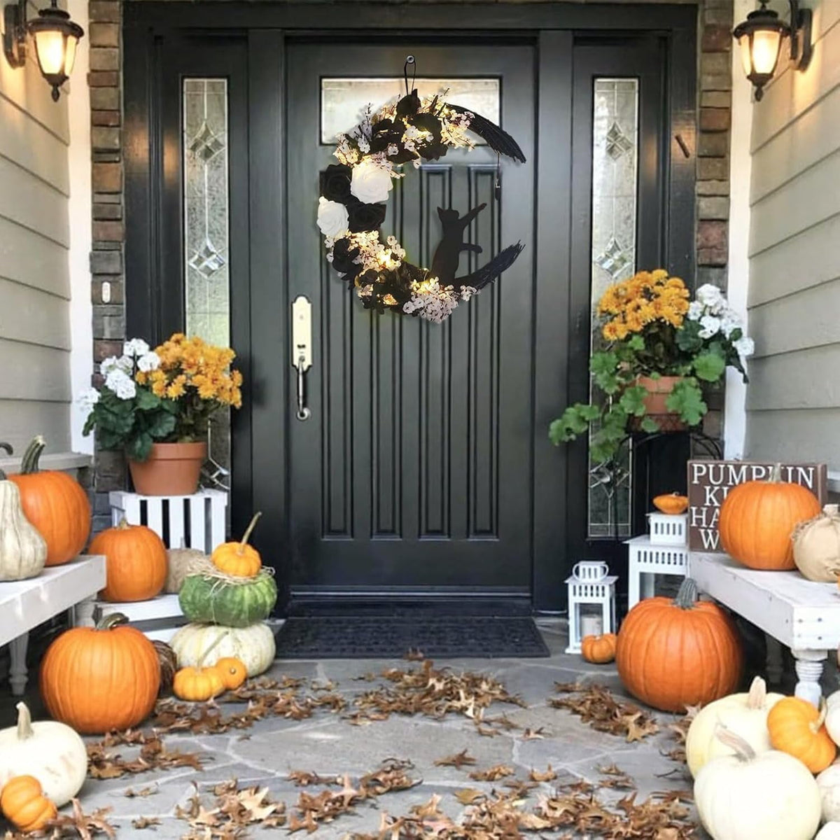 Halloween Moon Wreaths for Front Door, Black Cat on Moon Wreath Halloween Decor, Spooky Halloween Decorations Crescent Moon Wreath for Home Party Window Wall Indoor Outdoor