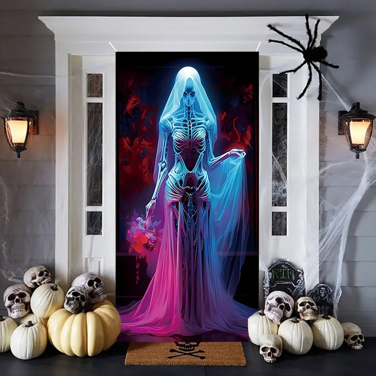 Taicans Spooky Skeleton Bride Halloween Door Cover Decor,Scary Halloween Front Door Banner Covering Decorations,Horror maze Decor,Halloween Decorations for Front Door,Haunted Mansion Decor,71x35in