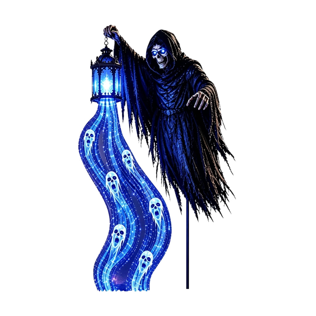 Halloween Soul Harvester Animated Solar Garden Stake Light, 31.5 Inch Grim Reaper Blue Ghost Light with Haunted Lantern, Spooky Outdoor Yard Decor for Lawn Walkway Garden