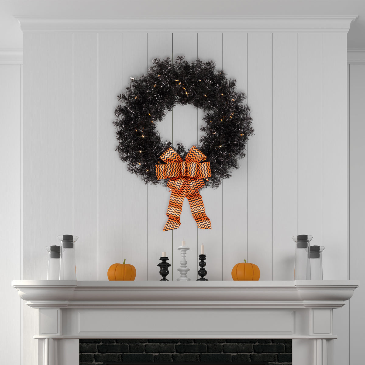 Northlight Pre-Lit Artificial Halloween Tinsel Wreath - 24" - Black - Clear Lights