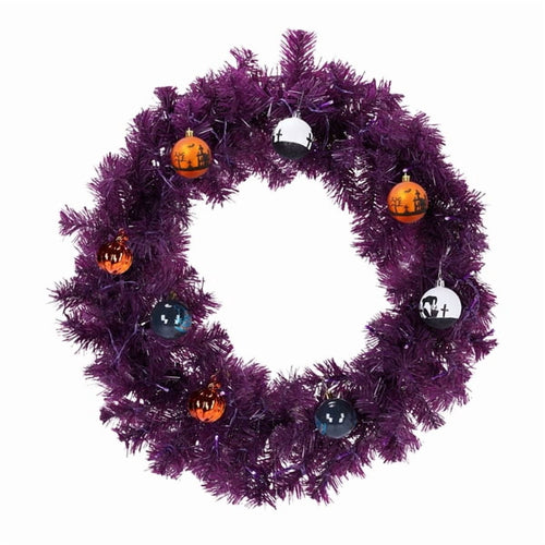 24" Halloween-Themed Christmas Wreath - Purple Pre-Lit Wreath with 50 Purple/Orange LEDs, 100 PVC Tips, DIY Ornament Pack for Indoor/Outdoor Decor
