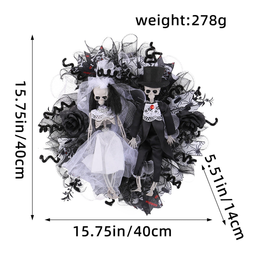 SWSUSN Halloween Creepy Wreath For Front Door 16 Inch Artificial Plastic Skeleton Bride And Groom Wreath Halloween Gothic Wreath Hanging Decoration For Home Party Halloween Front Porch Wreath