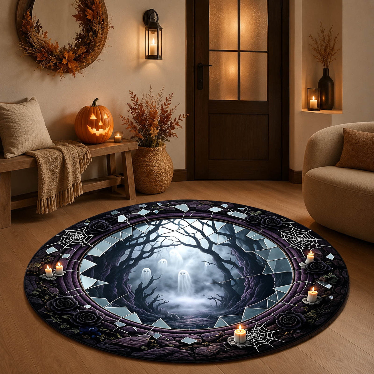 Win s Way 3D Illusion Round Halloween Rug Optical Illusion Doormat Non- Washable Entryway Decor Spooky Fall Front Door Mat for Party Decoration Available in 15.8/23.6/31.5 Inch