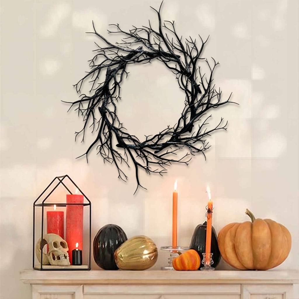 Halloween Wreath, Black Twig Wreath for Front Door, Artificial Spooky Branch Decor for Indoor Outdoor Home Party, Wall Hanging Ornament