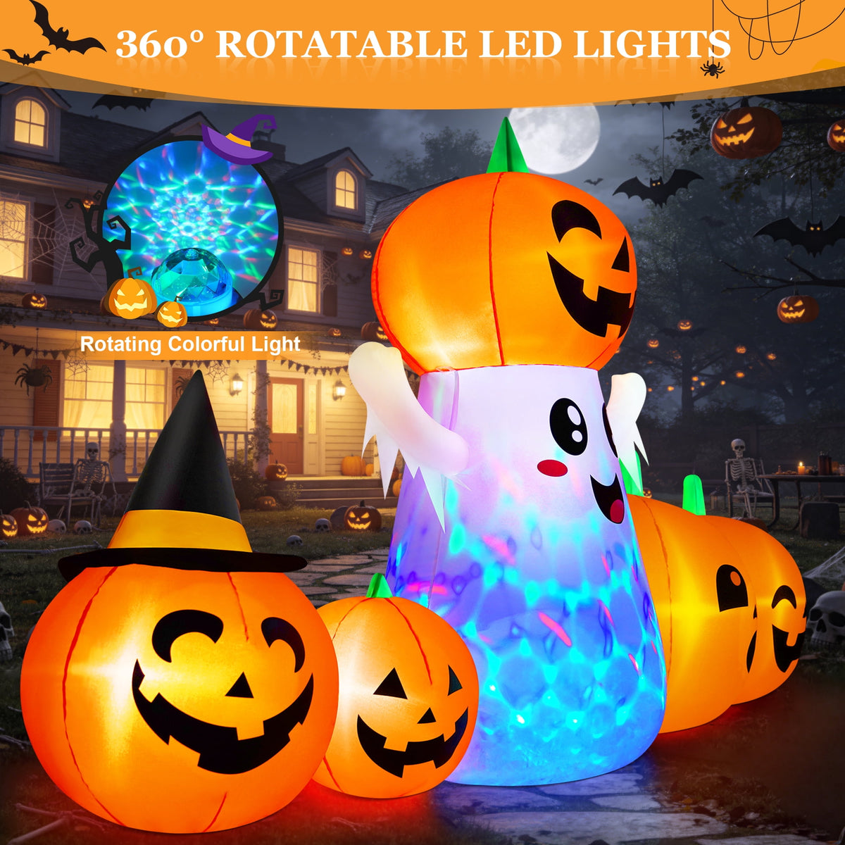 Yexmas 9.4ft Halloween Inflatable Pumpkins Outdoor Decor with Black Cat Tombstone and Spectre,360° Rotating Colorful LED Lights,for Halloween Party,Yard,Garden,Lawn