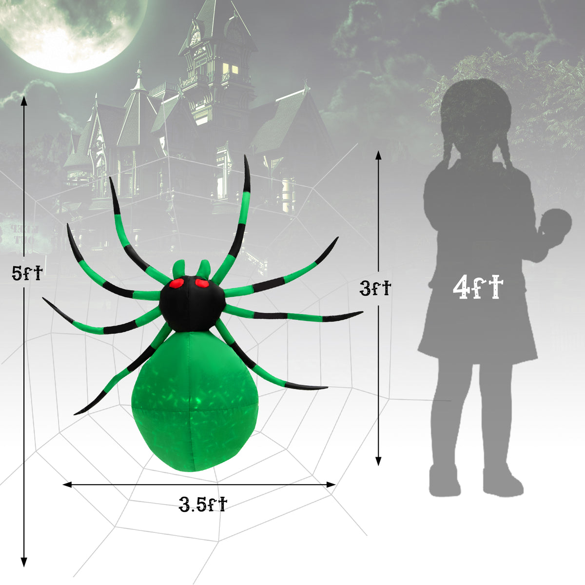Patiojoy Halloween Inflatable Spider with Cobweb Creepy Blow-up Spider with LED Rotating LED Light Green Black Legs Waterproof Halloween Decoration