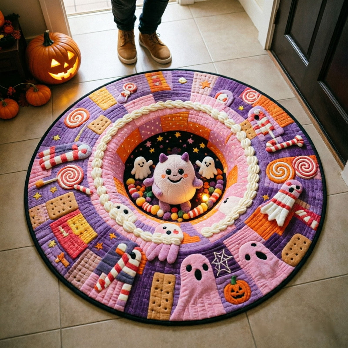 Win s Way 3D Illusion Round Halloween Rug Optical Illusion Doormat Non- Washable Entryway Decor Spooky Fall Front Door Mat for Party Decoration Available in 15.8/23.6/31.5 Inch