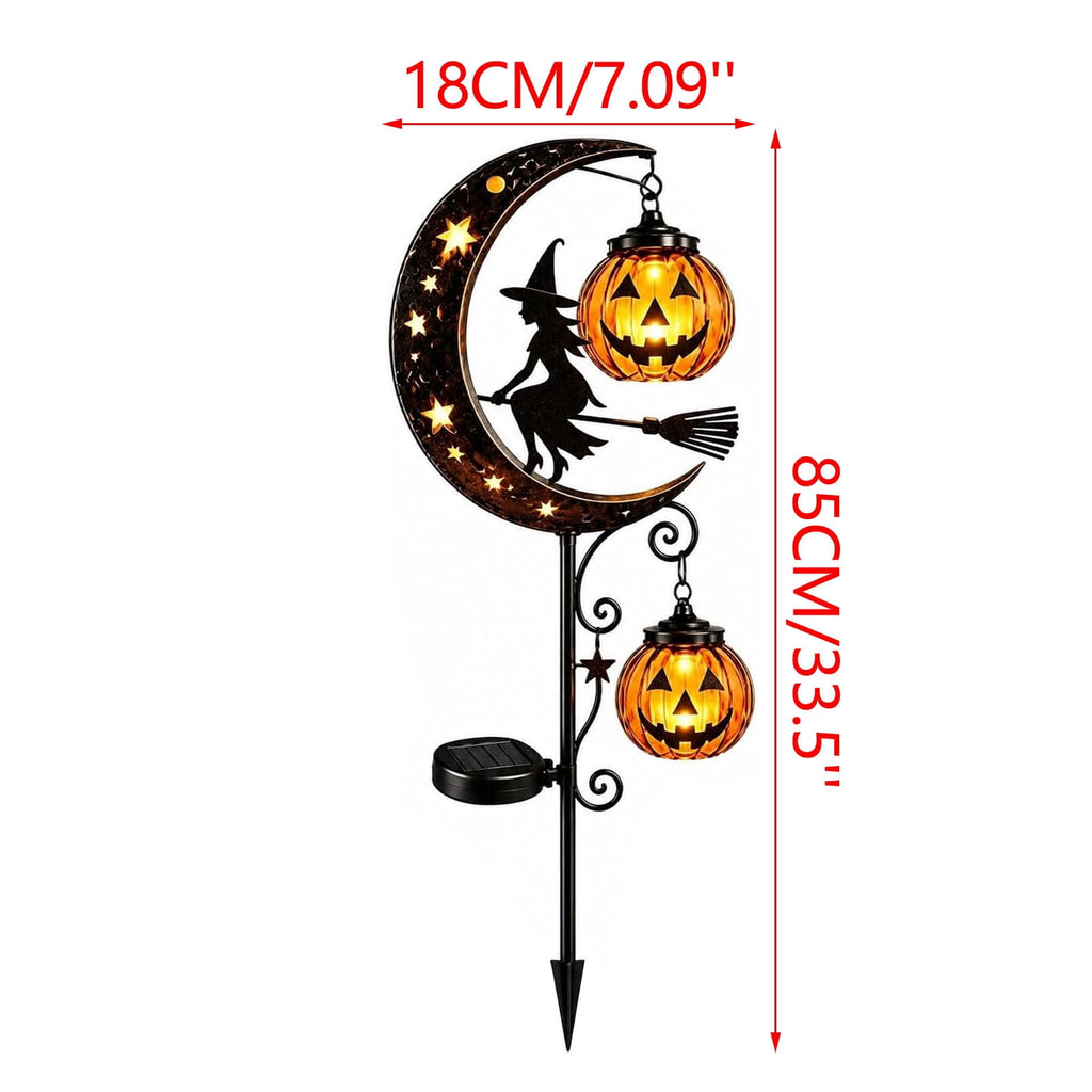 Solar Halloween Metal Moon Black Cat Garden Stake with LED Pumpkin Lantern, Light Up Star Bat Yard Decor Stake, Spooky Outdoor Lawn Pathway Halloween Decoration