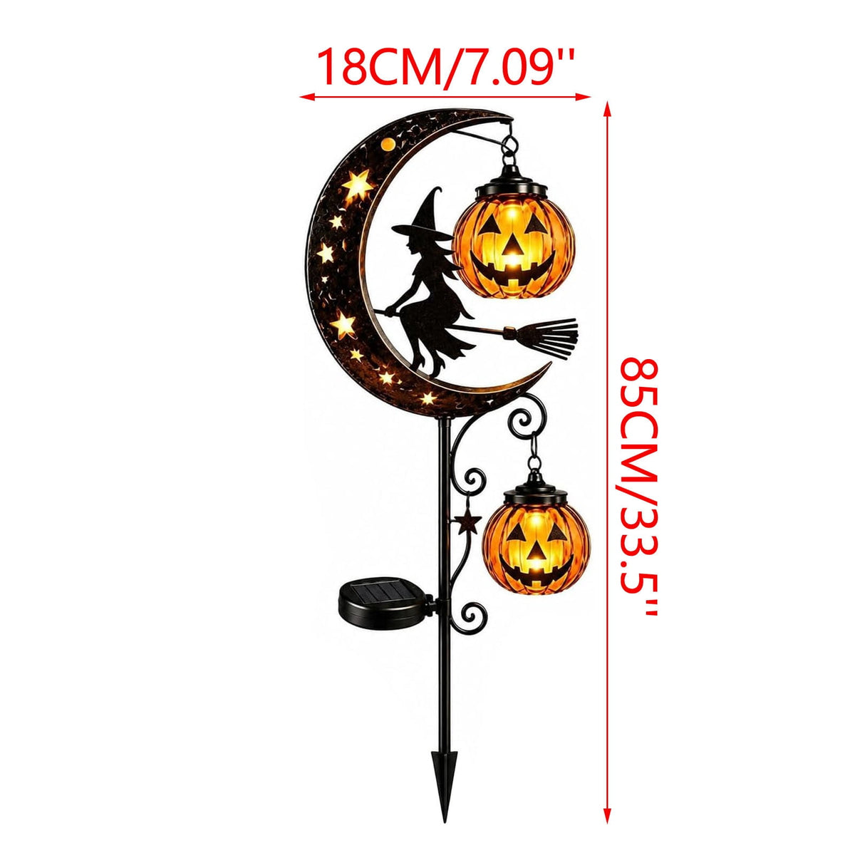 Solar Halloween Metal Moon Black Cat Garden Stake with LED Pumpkin Lantern, Light Up Star Bat Yard Decor Stake, Spooky Outdoor Lawn Pathway Halloween Decoration