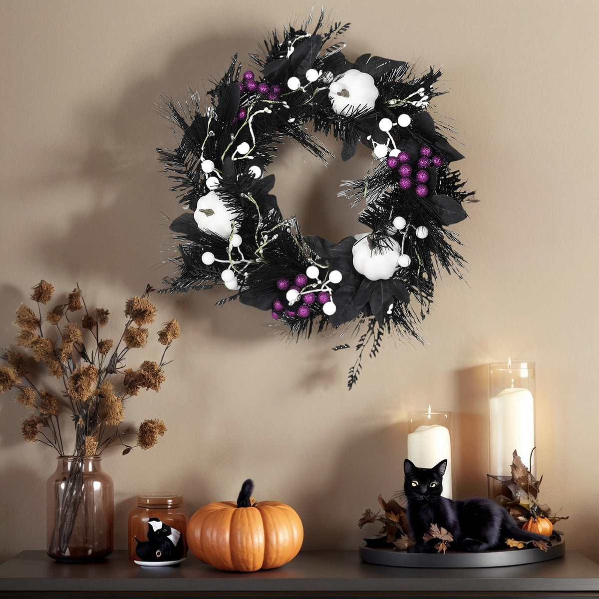 Halloween Wreath with Lights for Front Door, Collapsible Pre-Lit Wreath with Pumpkin Halloween Decorations for Home Wall Decor