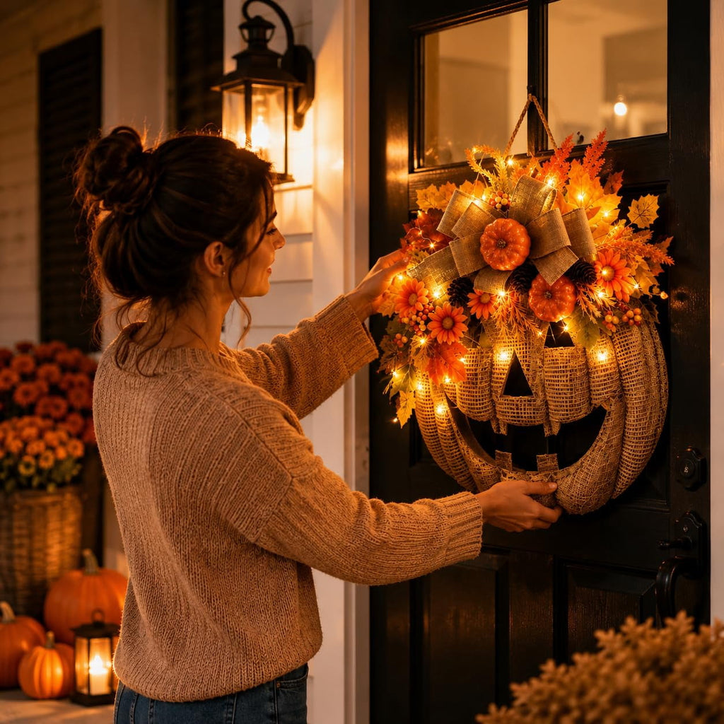 Lighted Burlap Pumpkin Wreath, 13.78-Inch LED Fall Door Decor with Wooden Pumpkin,Burlap Bow,Maple Leaves and Berries for Halloween Thanksgiving Porch